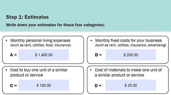 Screenshot of Step 1 in the Cost Evaluation Exercise