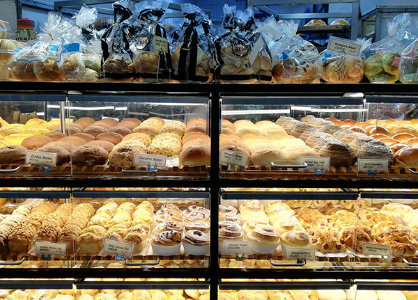 Baked goods inside a display case
