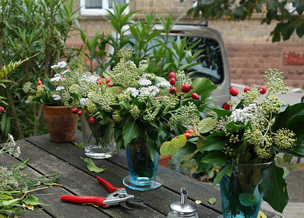 Floral arrangements on an outdoor table