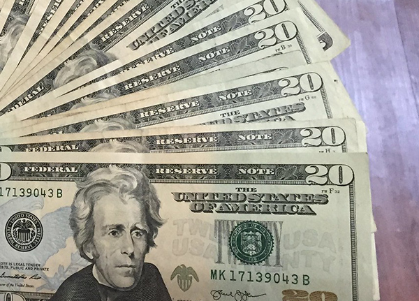 20-dollar bills spread out
