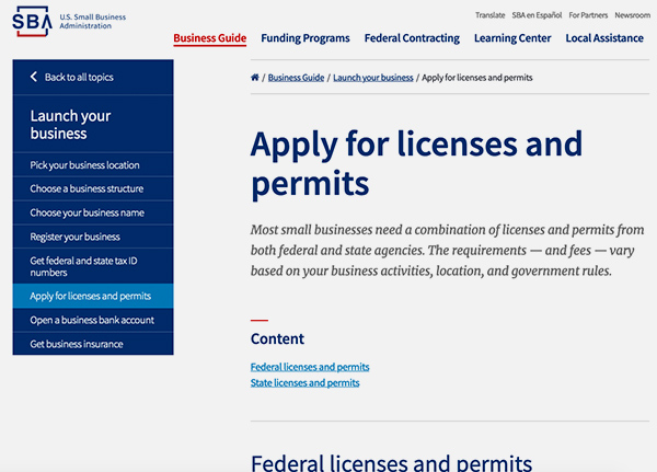 Screenshot of U.S. Small Business Administration: State Licenses & Permits website