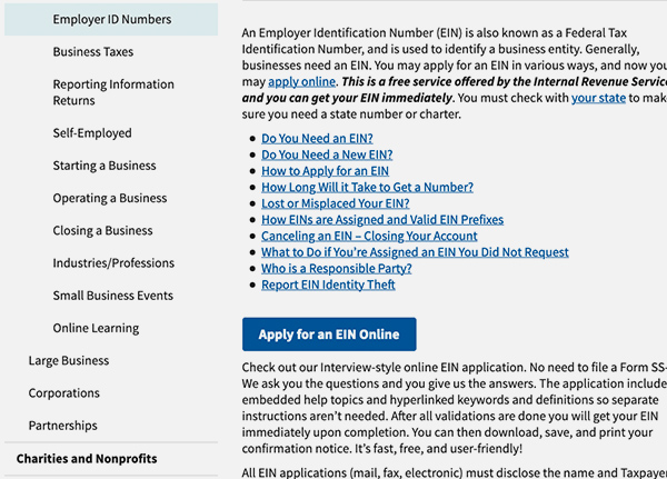 Screenshot of IRS: Employer ID Numbers webpage