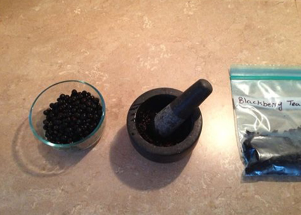 Blackberry tea being made with a mortar and pestle