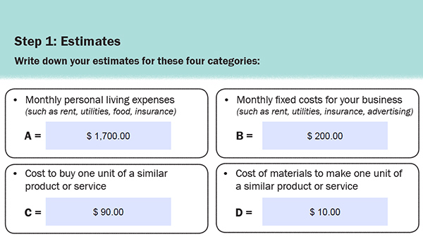 Screenshot of filled in numbers in Step 1 of the Cost Evaluation Exercise