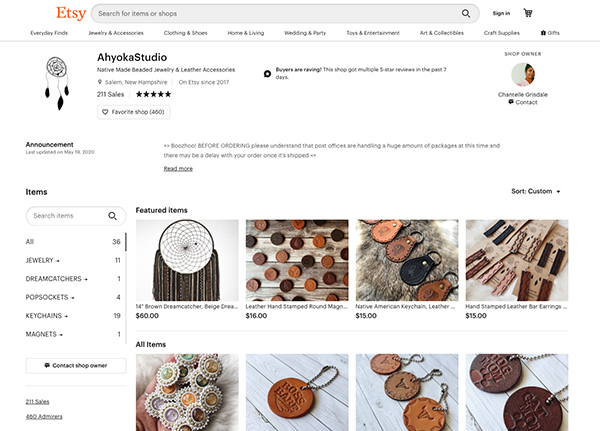 Screenshot of AhyokaStudio store on Etsy