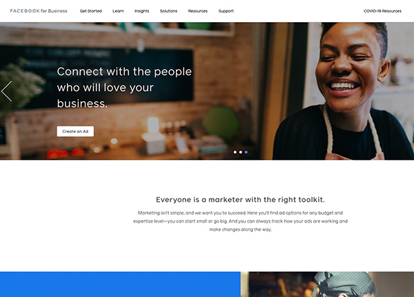 Screenshot of Facebook for Business website homepage