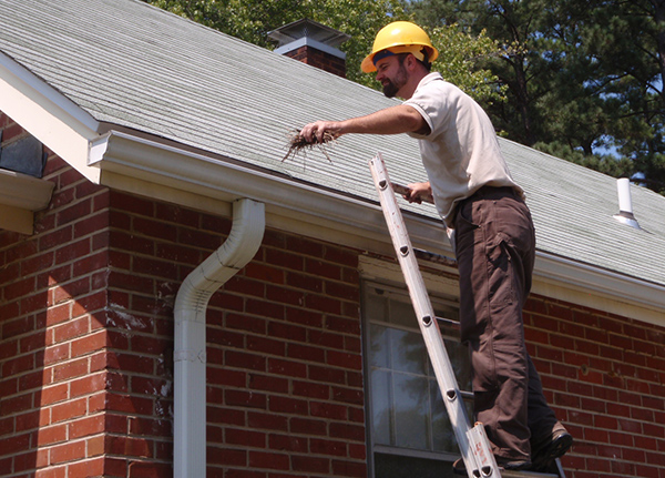 Person on ladder cleaning out gutters